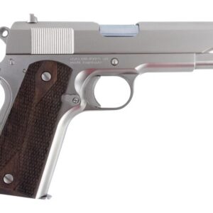 Silver Smith & Wesson 1911 semi-automatic pistol with wooden grip.