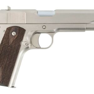 Silver handgun with wooden grip for concealed carry.