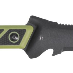 Close-up of a tactical combat knife with black blade and green handle.