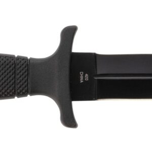 Combat knife with black blade and textured handle.