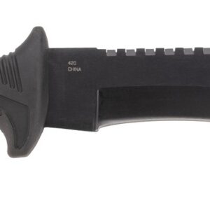 Black tactical combat knife with textured handle and fixed blade.