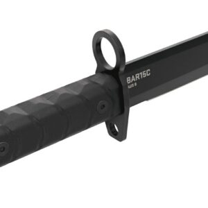 Black tactical combat knife with a textured handle and sheath for outdoor and survival use.