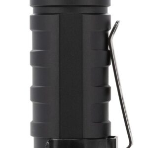 Black tactical flashlight with textured grip and clip, ideal for outdoor and firearm use.
