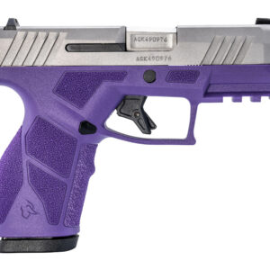 Purple and silver semi-automatic handgun.