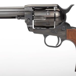 Revolver firearm with wooden grip and metal barrel, displayed against a plain white background.