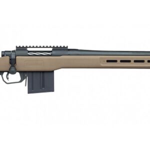 Rifle with tan stock and black barrel, featuring a modern design and precision barrel for hunting or.