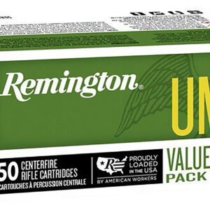 Remington UMC box of 50 centerfire rifle cartridges for hunting and shooting sports.