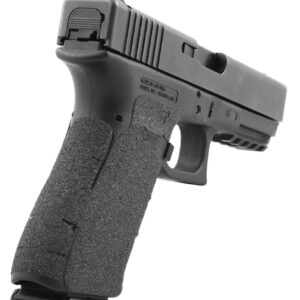 Black semi-automatic pistol with textured grip and slide.