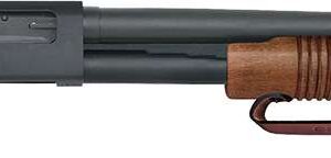Pump action shotgun with wooden stock and grip, ideal for hunting and home defense.