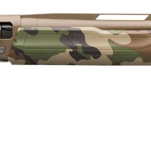 Camo-patterned rifle with scope for hunting and shooting sports.
