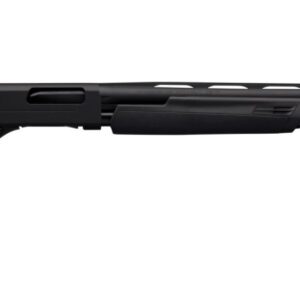 Rifle with black synthetic stock and long barrel for precision shooting.