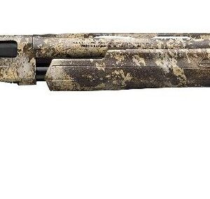Rifle with camouflage pattern and wooden stock for hunting or sport shooting.