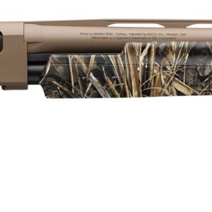 Modern hunting rifle with camouflage stock and long barrel for precision shooting.