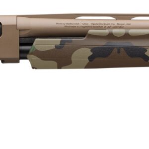 A camouflage-patterned rifle with scope, long barrel, and ergonomic stock, suitable for hunting and.