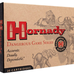 Hornady Dangerous Game Series ammunition box with illustrations of wild animals.