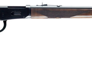 Lever-action rifle with wooden stock and metal barrel for hunting and shooting.