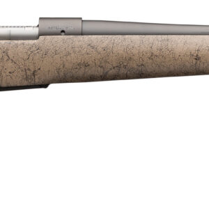 Rifle with tan synthetic stock and long barrel, suitable for hunting or target shooting.