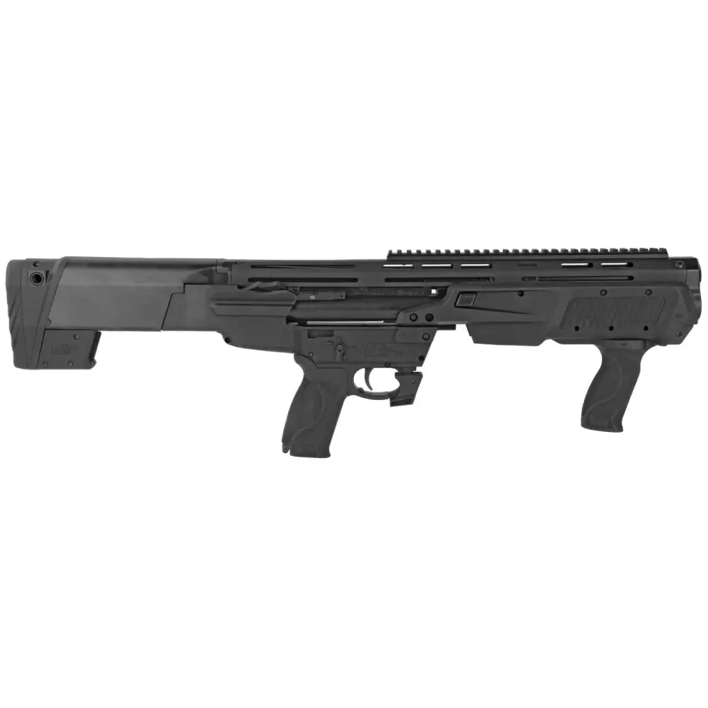 Tactical shotgun with black finish, adjustable stock, and Picatinny rail for accessories.
