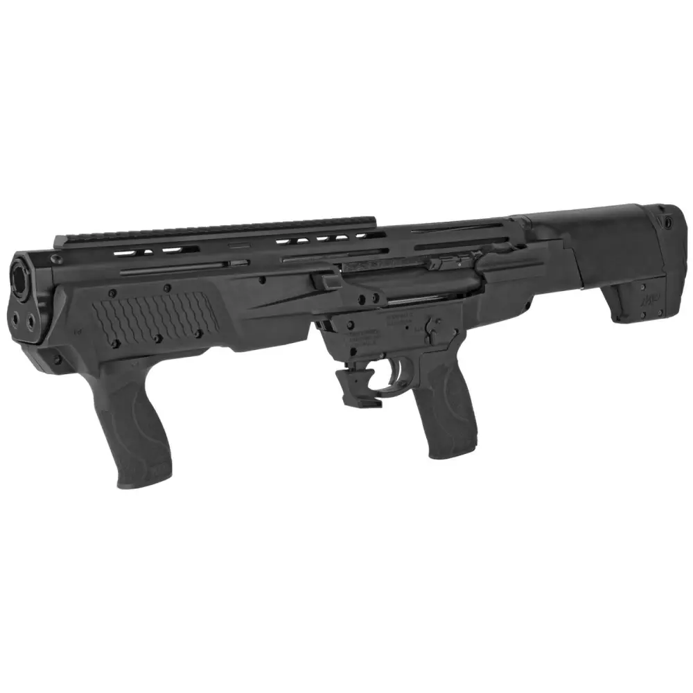 Black tactical shotgun with adjustable stock and rail system.