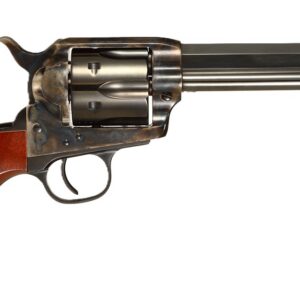 Revolver with wooden grip and metal barrel, displayed against a plain background.