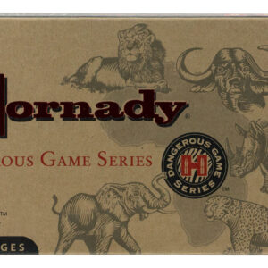 Box of Hornady Dangerous Game Series ammunition with a single cartridge beside it.