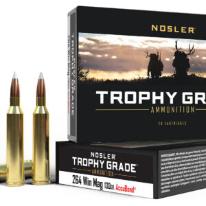 High-quality Nosler Trophy Grade ammunition box with 20 cartridges.