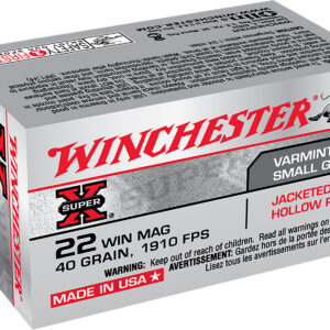 Winchester .22 Win Mag ammunition box with label details.
