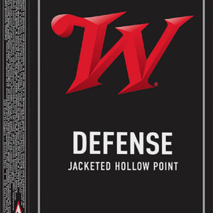 Winchester Defense 9mm Luger hollow point ammunition in black packaging.