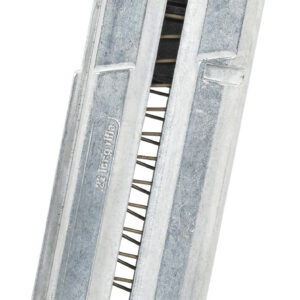 Close-up of a metal pistol magazine for firearms.
