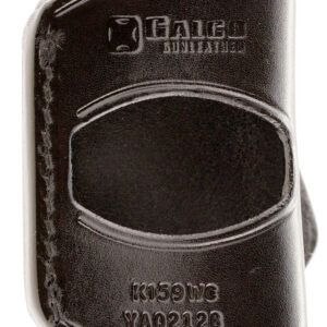 Durable black gun holster with logo and serial number for secure firearm carry.