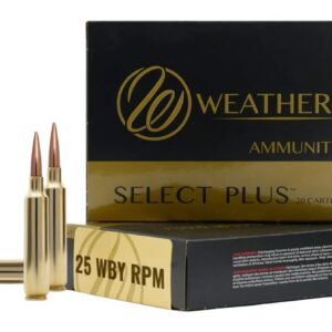 Weatherby Select Plus ammunition box with two bullets in front, 25 WBY RPM caliber.