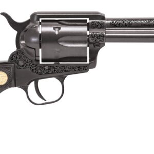 Engraved revolver with intricate detailing, perfect for firearm collectors and enthusiasts.