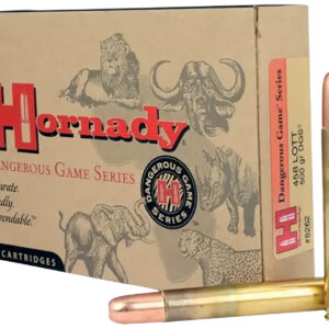 Hornady Dangerous Game Series ammunition box with a bullet in front.