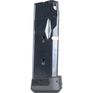 Pistol magazine with metal construction and capacity markings for 5 and 10 rounds.