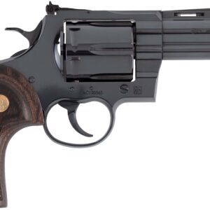 Revolver with wooden grip and black metal finish, displayed for firearm enthusiasts and collectors.