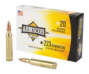 Box of 20 ARMORSCOR rifle cartridges, .223 Remington, for firearms.
