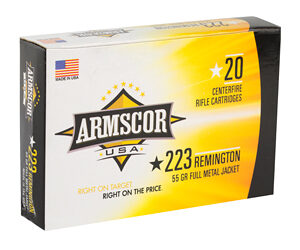 Box of Armscor .223 Remington rifle cartridges for target shooting and hunting.