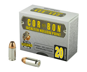 Box of Corbon high-velocity hollow point ammunition with two bullets displayed.