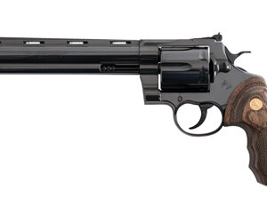 Revolver handgun with wooden grip and long barrel.