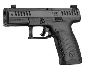 Close-up of a black semi-automatic pistol with textured grip and slide details.