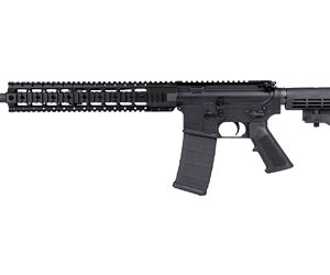 Tactical rifle with black finish, adjustable stock, and rail system for accessories.