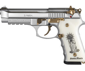 Silver Santa Muerte-themed pistol with gold accents, detailed engravings, and a white grip.