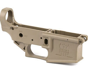 Gun frame assembly in tan color with detailed markings and cutouts.