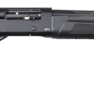 Shotgun with black synthetic stock and long barrel, ideal for hunting and sport shooting.