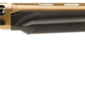 Rifle with black stock and tan barrel for hunting and shooting.