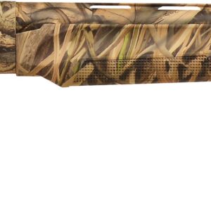 A camouflage-patterned hunting rifle with a long barrel and ergonomic stock.