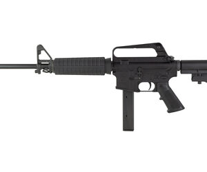 M4 carbine rifle with black finish, adjustable stock, and tactical grip. Ideal for military and tact.