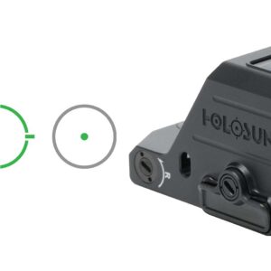 Red dot sight mounted on a firearm for quick target acquisition.