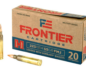 Box of Frontier .223 Remington ammunition with bullets and cartridge.