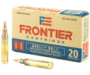 Box of Frontier .223 Remington 55-grain ammunition with two bullets.